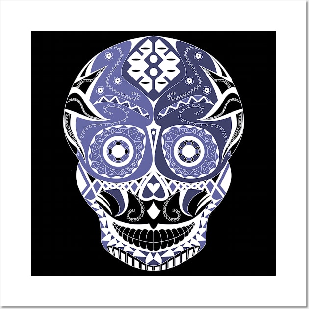 skull mania ecopop tribal mexican art in blue Wall Art by jorge_lebeau